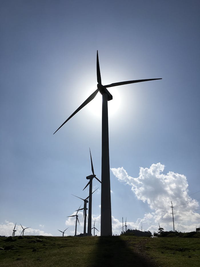 Silhouettes of wind turbines in Kajiado, Kenya, harnessing clean energy under a bright blue sky.